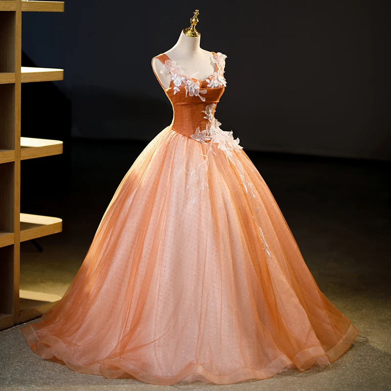 Chic Beautiful Orange Beading Sequins Lace Flower Prom Dresses 2023 Ball Gown Square Chic Beautiful Orange Beading Sequins Lace Flower Prom Dresses 2023 Ball Gown Square