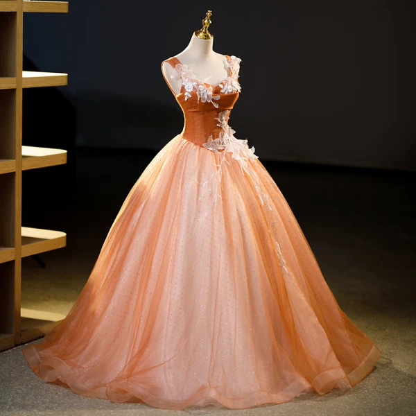 Chic / Belle Orange Perlage Paillettes En Dentelle Fleur Robe De Bal 2023 Robe Boule Encolure Carrée Sans Manches Dos Nu Longue Promo Robe De Ceremonie