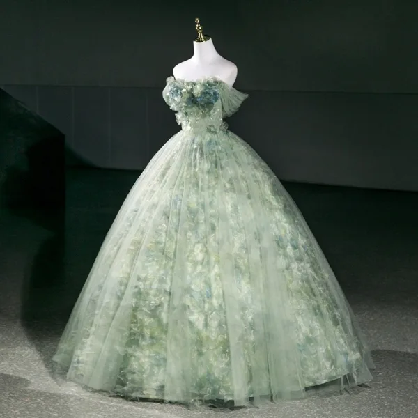 Chic / Belle Vert Cendré Perle Appliques Robe De Bal 2026 Robe Boule De l'épaule Manches Courtes Dos Nu Longue Robe De Ceremonie