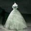 Chic / Belle Vert Cendré Perle Appliques Robe De Bal 2026 Robe Boule De l'épaule Manches Courtes Dos Nu Longue Robe De Ceremonie