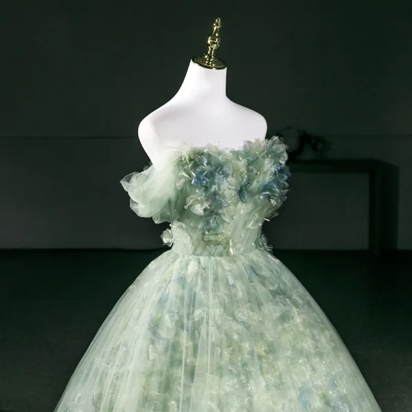 Chic / Belle Vert Cendré Perle Appliques Robe De Bal 2026 Robe Boule De l'épaule Manches Courtes Dos Nu Longue Robe De Ceremonie