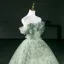 Chic / Belle Vert Cendré Perle Appliques Robe De Bal 2026 Robe Boule De l'épaule Manches Courtes Dos Nu Longue Robe De Ceremonie
