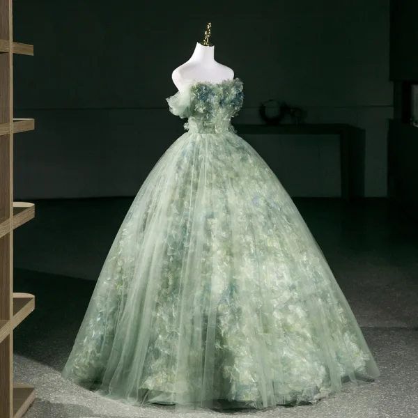 Chic / Belle Vert Cendré Perle Appliques Robe De Bal 2026 Robe Boule De l'épaule Manches Courtes Dos Nu Longue Robe De Ceremonie