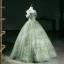 Chic / Belle Vert Cendré Perle Appliques Robe De Bal 2026 Robe Boule De l'épaule Manches Courtes Dos Nu Longue Robe De Ceremonie