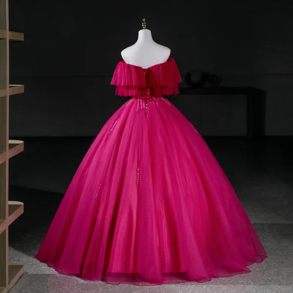 Elegant Fuchsia Beading Prom Dresses 2026 Ball Gown Strapless Sleeveless Backless Floor-Length / Long Formal Dresses