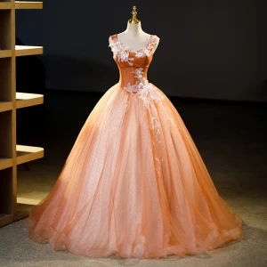 Chic Beautiful Orange Beading Sequins Lace Flower Prom Dresses 2023 Ball Gown Square Neckline Sleeveless Backless Floor Length Long Prom Formal Dresses
