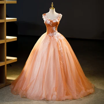 Chic Belle Orange Perlage Paillettes En Dentelle Fleur Robe De Bal 2023 Robe Boule Encolure Carrée Sans Manches Dos Nu Longue Promo Robe De Ceremonie