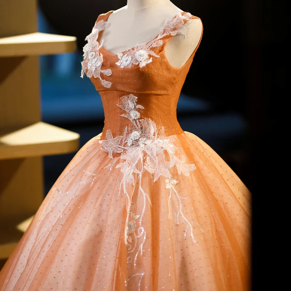 Chic / Belle Orange Perlage Paillettes En Dentelle Fleur Robe De Bal 2023 Robe Boule Encolure Carrée Sans Manches Dos Nu Longue Promo Robe De Ceremonie