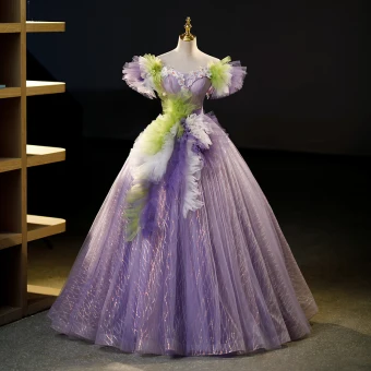 Fée Des Fleurs Lilas Perlage Perle En Dentelle Fleur Volants Robe De Bal 2023 Robe Boule De L Épaule Sans Manches Dos Nu Longue Promo Robe De Ceremonie