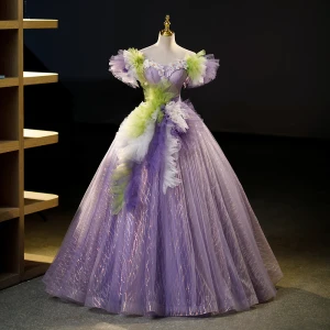 Hada De Las Flores Lila Rebordear Perla Con Encaje Flor Ruffle Vestidos De Gala 2023 Ball Gown Fuera Del Hombro Sin Mangas Sin Espalda Largos Gala Vestidos Formales