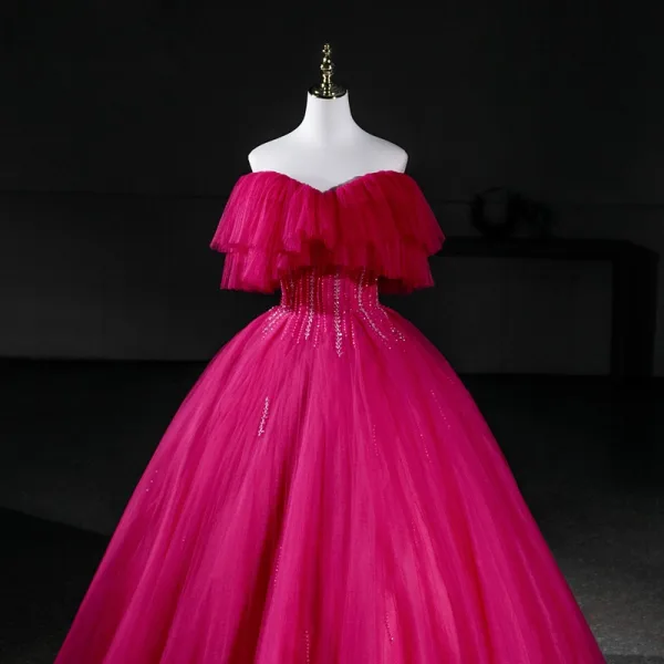 Elegant Fuchsia Beading Prom Dresses 2026 Ball Gown Strapless Sleeveless Backless Floor-Length / Long Formal Dresses