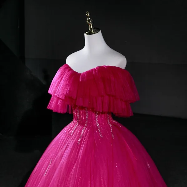 Elegant Fuchsia Beading Prom Dresses 2026 Ball Gown Strapless Sleeveless Backless Floor-Length / Long Formal Dresses