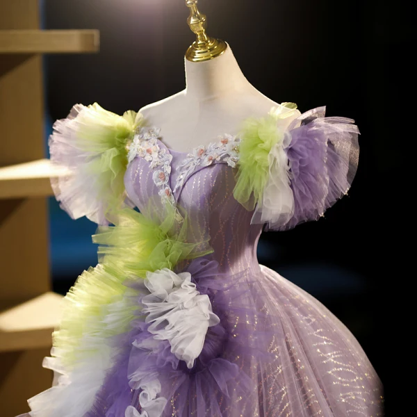Flower Fairy Lilac Beading Pearl Lace Flower Ruffle Prom Dresses 2023 Ball Gown Off-The-Shoulder Sleeveless Backless Floor-Length / Long Prom Formal Dresses