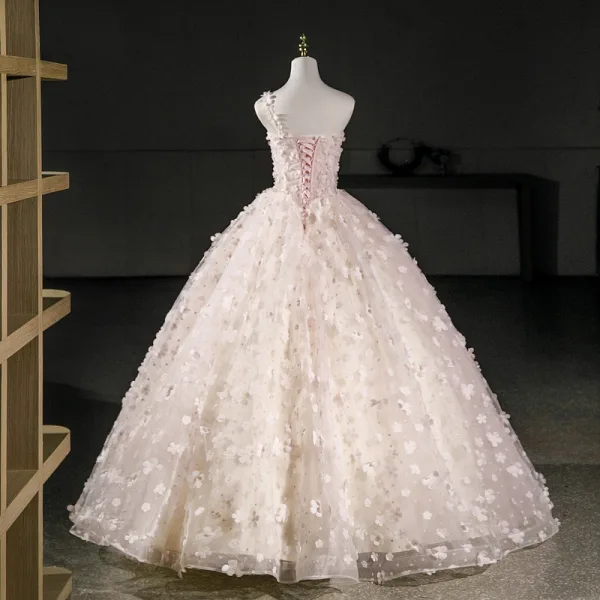 Flower Fairy Blushing Pink Pearl Appliques Prom Dresses 2026 Spaghetti Straps Sleeveless Backless Floor-Length / Long Formal Dresses