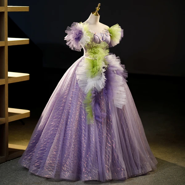 Flower Fairy Lilac Beading Pearl Lace Flower Ruffle Prom Dresses 2023 Ball Gown Off-The-Shoulder Sleeveless Backless Floor-Length / Long Prom Formal Dresses