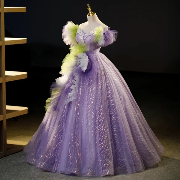 Flower Fairy Lilac Beading Pearl Lace Flower Ruffle Prom Dresses 2023 Ball Gown Off-The-Shoulder Sleeveless Backless Floor-Length / Long Prom Formal Dresses