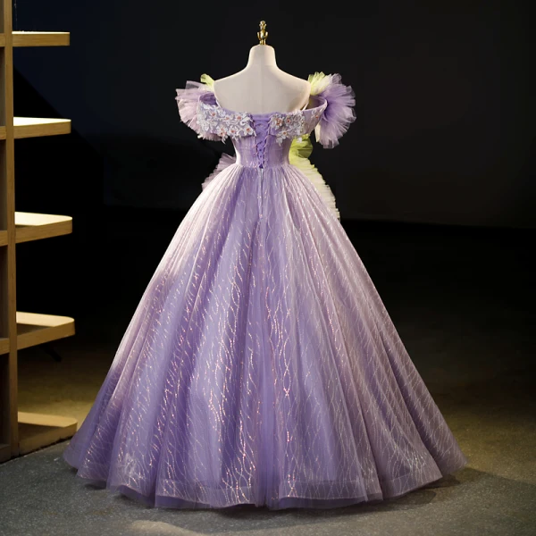 Flower Fairy Lilac Beading Pearl Lace Flower Ruffle Prom Dresses 2023 Ball Gown Off-The-Shoulder Sleeveless Backless Floor-Length / Long Prom Formal Dresses