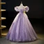 Flower Fairy Lilac Beading Pearl Lace Flower Ruffle Prom Dresses 2023 Ball Gown Off-The-Shoulder Sleeveless Backless Floor-Length / Long Prom Formal Dresses