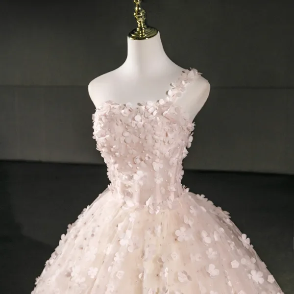 Flower Fairy Blushing Pink Pearl Appliques Prom Dresses 2026 Spaghetti Straps Sleeveless Backless Floor-Length / Long Formal Dresses