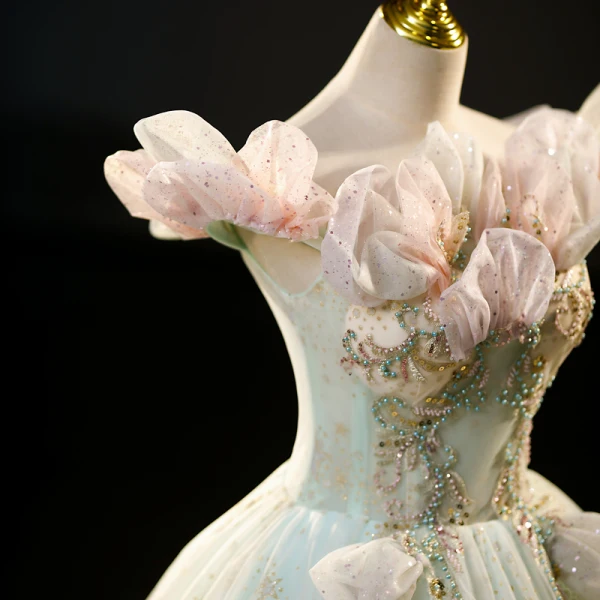Flower Fairy Sage Green Beading Lace Flower Appliques Sequins Prom Dresses 2023 Ball Gown Off-The-Shoulder Sleeveless Backless Floor-Length / Long Prom Formal Dresses