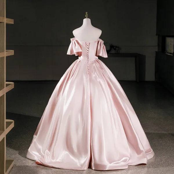 Elegant Blushing Pink Prom Dresses 2026 Ball Gown Off-The-Shoulder Short Sleeve Backless Floor-Length / Long Formal Dresses