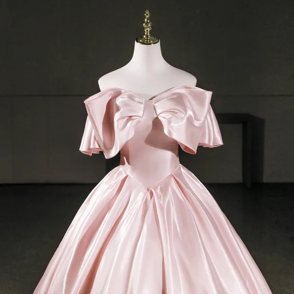 Elegant Blushing Pink Prom Dresses 2026 Ball Gown Off-The-Shoulder Short Sleeve Backless Floor-Length / Long Formal Dresses