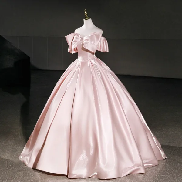 Elegant Blushing Pink Prom Dresses 2026 Ball Gown Off-The-Shoulder Short Sleeve Backless Floor-Length / Long Formal Dresses