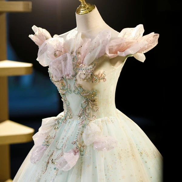 Flower Fairy Sage Green Beading Lace Flower Appliques Sequins Prom Dresses 2023 Ball Gown Off-The-Shoulder Sleeveless Backless Floor-Length / Long Prom Formal Dresses