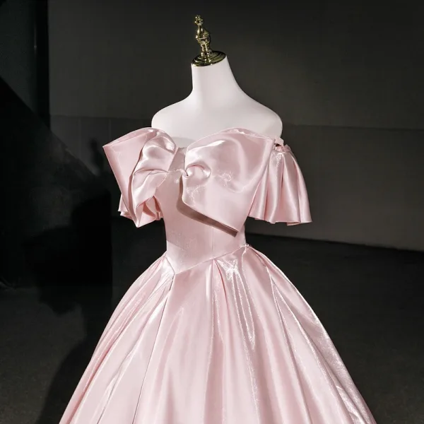 Elegant Blushing Pink Prom Dresses 2026 Ball Gown Off-The-Shoulder Short Sleeve Backless Floor-Length / Long Formal Dresses