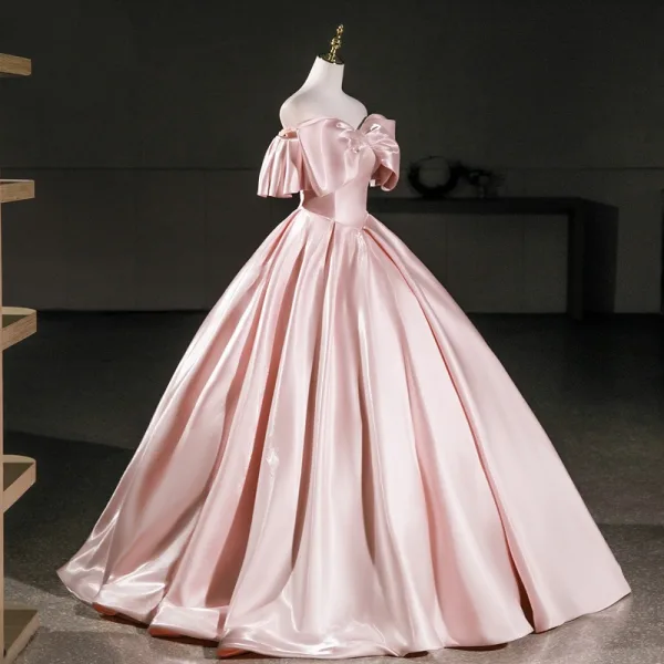 Elegant Blushing Pink Prom Dresses 2026 Ball Gown Off-The-Shoulder Short Sleeve Backless Floor-Length / Long Formal Dresses