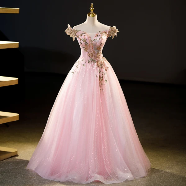 Elegant Blushing Pink Beading Sequins Lace Flower Prom Dresses 2023 Ball Gown Off-The-Shoulder Sleeveless Backless Floor-Length / Long Prom Formal Dresses