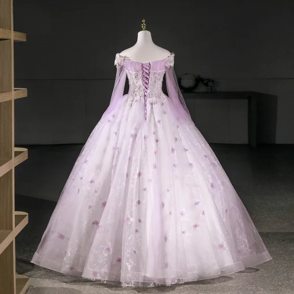 Elegant Lavender Beading Sequins Butterfly Prom Dresses 2026 Ball Gown Off-The-Shoulder Long Sleeve Backless Floor-Length / Long Formal Dresses