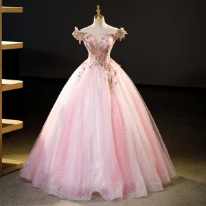 Élégant Rougissant Rose Perlage Paillettes En Dentelle Fleur Robe De Bal 2023 Robe Boule De L Épaule Sans Manches Dos Nu Longue Promo Robe De Ceremonie