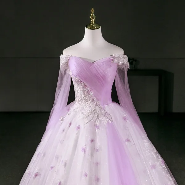 Elegant Lavender Beading Sequins Butterfly Prom Dresses 2026 Ball Gown Off-The-Shoulder Long Sleeve Backless Floor-Length / Long Formal Dresses