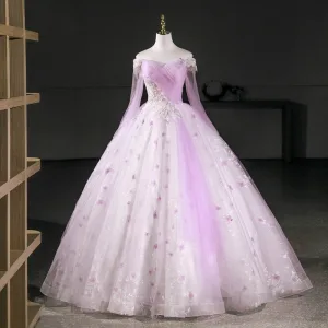 Élégant Lavande Perlage Paillettes Papillon Robe De Bal 2026 Robe Boule De L Épaule Manches Longues Dos Nu Longue Robe De Ceremonie