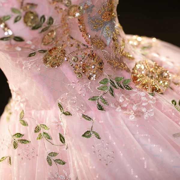 Elegant Blushing Pink Beading Sequins Lace Flower Prom Dresses 2023 Ball Gown Off-The-Shoulder Sleeveless Backless Floor-Length / Long Prom Formal Dresses