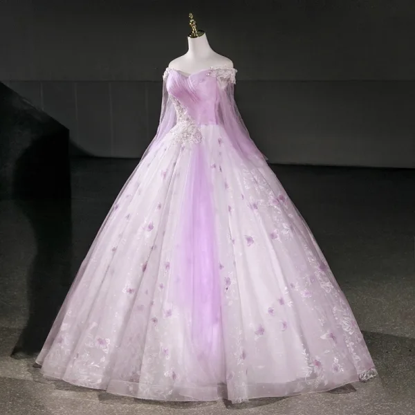Elegant Lavender Beading Sequins Butterfly Prom Dresses 2026 Ball Gown Off-The-Shoulder Long Sleeve Backless Floor-Length / Long Formal Dresses