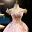 Elegant Blushing Pink Beading Sequins Lace Flower Prom Dresses 2023 Ball Gown Off-The-Shoulder Sleeveless Backless Floor-Length / Long Prom Formal Dresses
