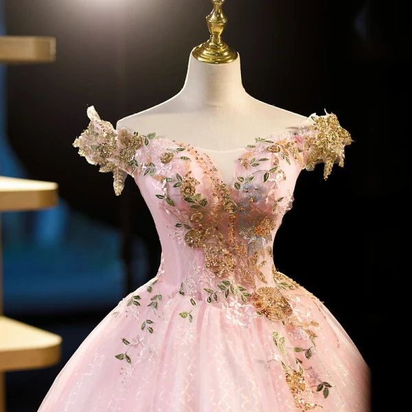 Elegant Blushing Pink Beading Sequins Lace Flower Prom Dresses 2023 ...