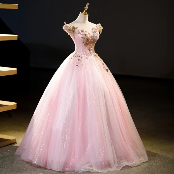 Elegant Blushing Pink Beading Sequins Lace Flower Prom Dresses 2023 Ball Gown Off-The-Shoulder Sleeveless Backless Floor-Length / Long Prom Formal Dresses