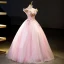 Elegant Blushing Pink Beading Sequins Lace Flower Prom Dresses 2023 Ball Gown Off-The-Shoulder Sleeveless Backless Floor-Length / Long Prom Formal Dresses
