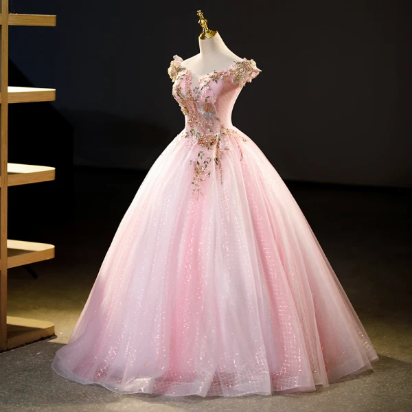 Elegant Blushing Pink Beading Sequins Lace Flower Prom Dresses 2023 Ball Gown Off-The-Shoulder Sleeveless Backless Floor-Length / Long Prom Formal Dresses