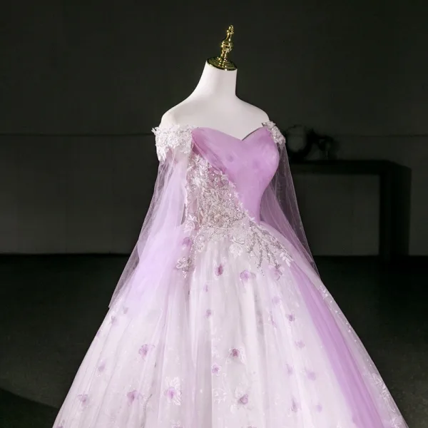 Elegant Lavender Beading Sequins Butterfly Prom Dresses 2026 Ball Gown Off-The-Shoulder Long Sleeve Backless Floor-Length / Long Formal Dresses