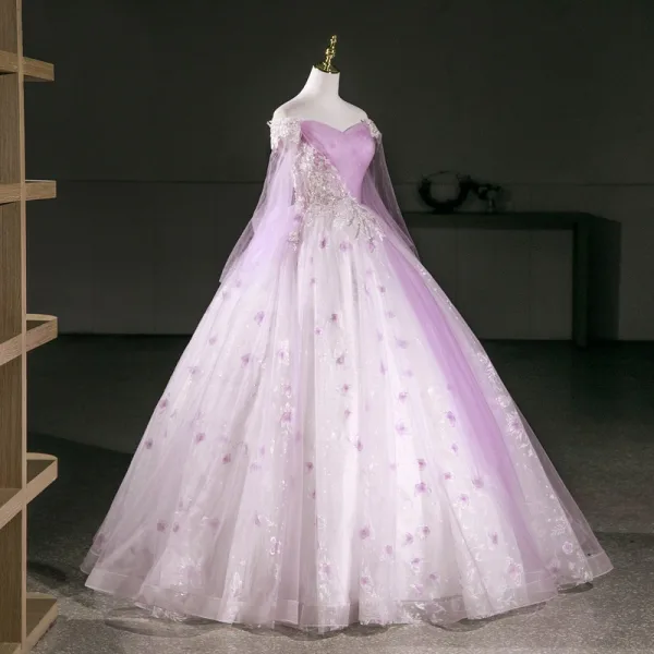 Elegant Lavender Beading Sequins Butterfly Prom Dresses 2026 Ball Gown Off-The-Shoulder Long Sleeve Backless Floor-Length / Long Formal Dresses