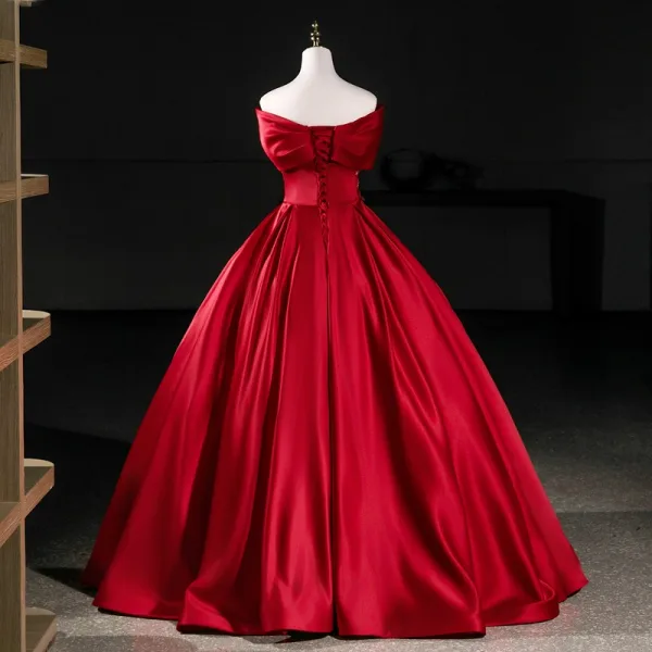 Vintage / Retro Burgundy Beading Pearl Lace Flower Sequins Prom Dresses 2026 Ball Gown Off-The-Shoulder Short Sleeve Backless Floor-Length / Long Formal Dresses