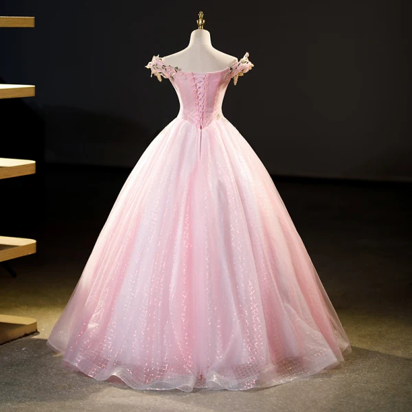 Elegant Blushing Pink Beading Sequins Lace Flower Prom Dresses 2023 Ball Gown Off-The-Shoulder Sleeveless Backless Floor-Length / Long Prom Formal Dresses