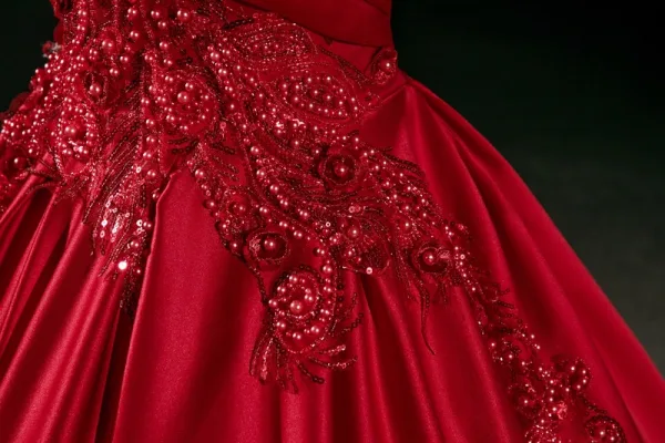 Vintage / Retro Burgundy Beading Pearl Lace Flower Sequins Prom Dresses 2026 Ball Gown Off-The-Shoulder Short Sleeve Backless Floor-Length / Long Formal Dresses