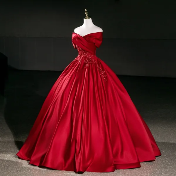 Vintage / Retro Burgundy Beading Pearl Lace Flower Sequins Prom Dresses 2026 Ball Gown Off-The-Shoulder Short Sleeve Backless Floor-Length / Long Formal Dresses