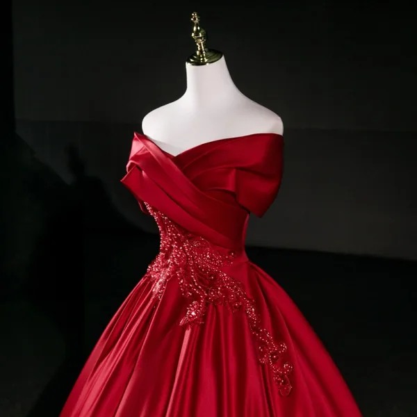 Vintage / Retro Burgundy Beading Pearl Lace Flower Sequins Prom Dresses 2026 Ball Gown Off-The-Shoulder Short Sleeve Backless Floor-Length / Long Formal Dresses