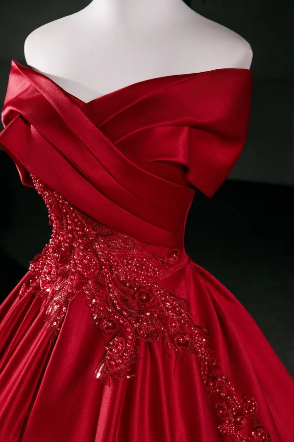 Vintage / Retro Burgundy Beading Pearl Lace Flower Sequins Prom Dresses 2026 Ball Gown Off-The-Shoulder Short Sleeve Backless Floor-Length / Long Formal Dresses